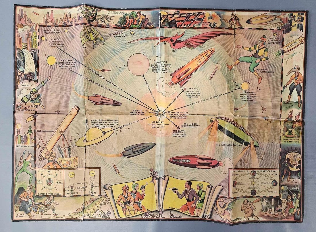 Cocomalt premium Buck Rogers Chart of the Universe: Cocomalt premium Buck Rogers Chart of the Universe, it has seen better days and has some tape repairs but still a very cool item as seen in the photos. Measures 25 x 18 1/4 inches.