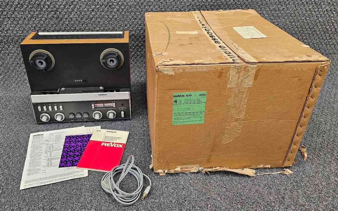 Vintage Revox A77 reel to reel tape recorder in original box: Vintage Revox A77 reel to reel tape recorder in original box with styrofoam inserts and original paperwork. It powers up and several of the functions worked but I do not want to go any further. It is 