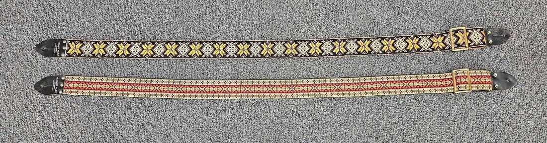 Two vintage hippie looking 1970's guitar straps: Two vintage hippie looking 1970s guitar straps, neither is marked with a manufacturer name but both are in excellent condition with leather backs as seen in the photos. These are both marked Villano M