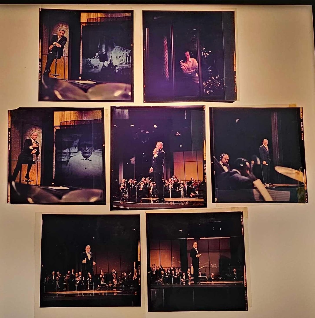 Group of eight Kodak slides of Frank Sinatra performing: Group of eight Kodak slides of Frank Sinatra performing, nice shape with nice color. These measure 2 3/8 x 2 3/8 inches as seen in the photos.