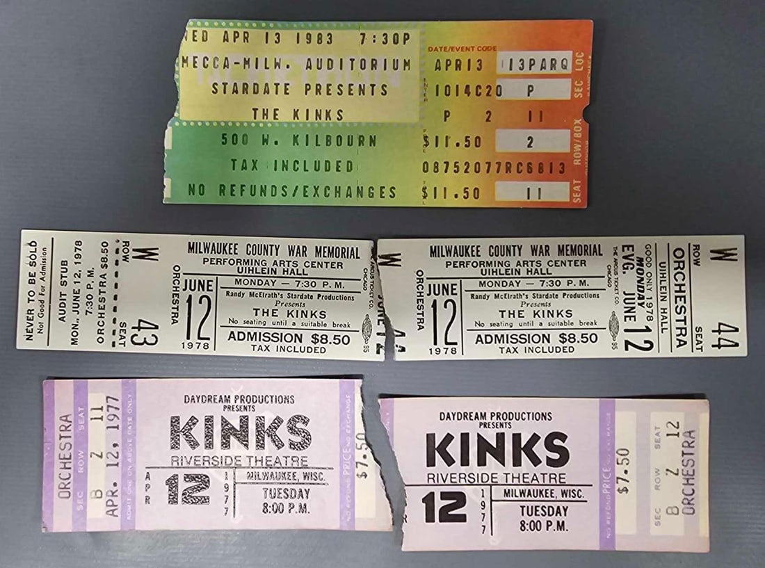 Five used The Kinks concert tickets: Five used The Kinks concert tickets to include one from April 13, 1983, two each from June 12, 1978 and April 12, 1977 as seen in the photos.