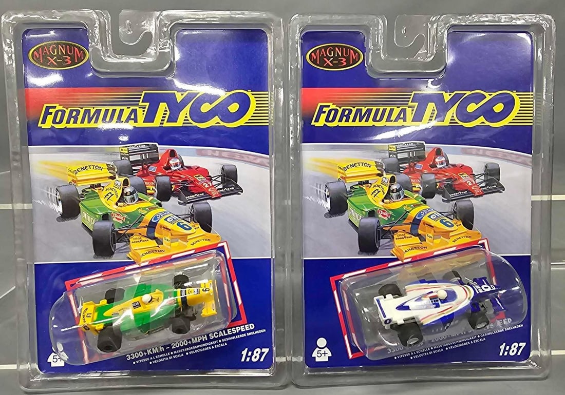 Two Formula Tyco M-3 HO slot cars on blister cards: Two Formula Tyco M-3 HO slot cars on blister cards to include 90012 Prince Elf Benetton and 90010 Goodyear Renault Elf, both mint on near mint cards as seen in the photos.