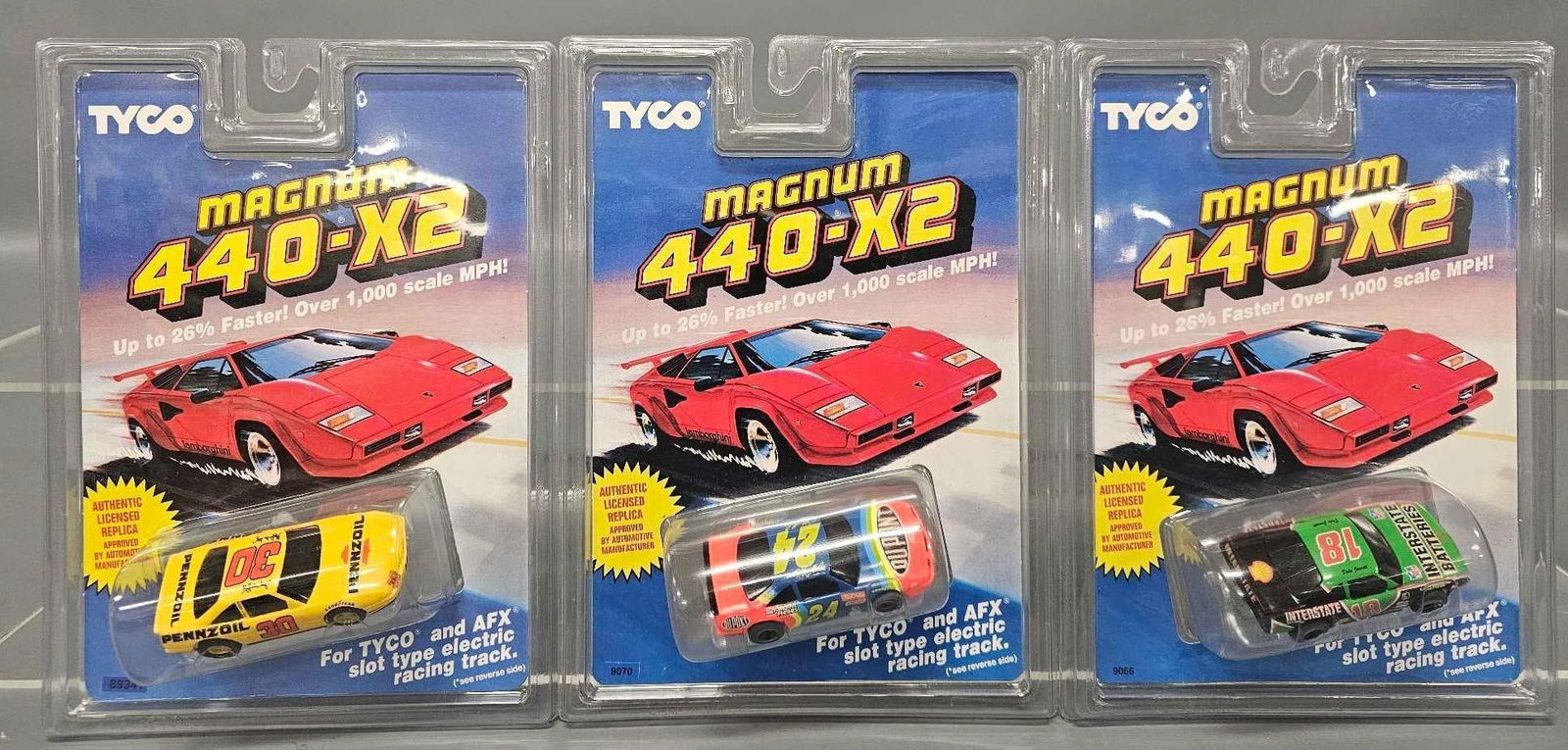 Three Tyco Magnum 440-X2 NASCAR HO slot cars on blister cards (1 of 8)