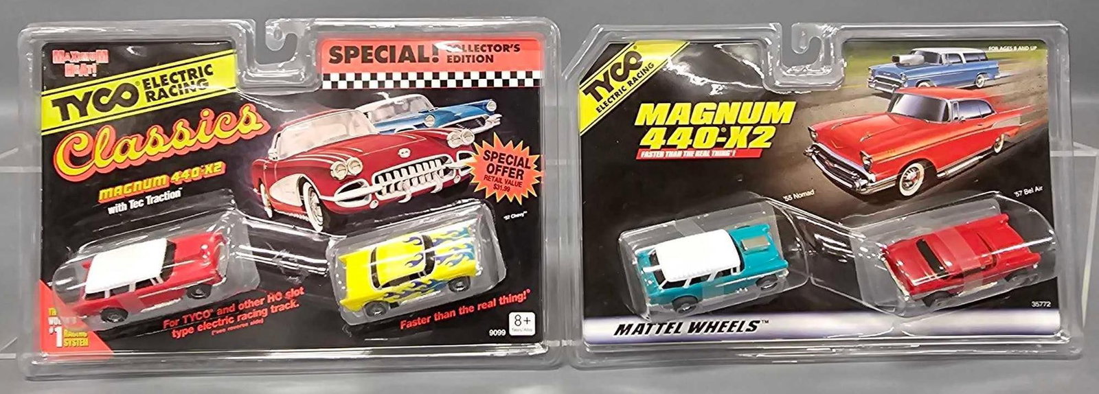 Two Tyco Magnum 440-X2 Classic Chevy HO slot car two packs on sealed blister cards: Two Tyco Magnum 440-X2 Classic Chevy HO slot car two packs on sealed blister cards. Includes 9099 and 35772 with 55 Nomad and 57 Bel Air in each one, all are different colors and mint on excellent to 