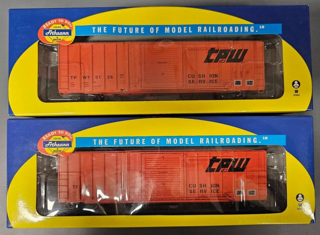 Two Athearn HO RTR Toledo Peoria and Western box cars in original boxes: Two Athearn HO RTR Toledo Peoria and Western 50 foot FMC 5347 box cars in original boxes to include road numbers 70126 and 70137, C9-10 in excellent original boxes.