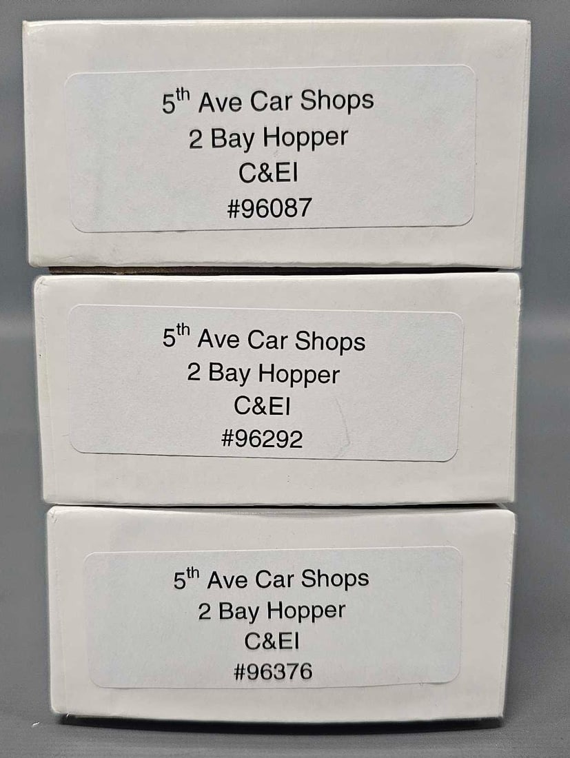 Three Accurail 5th Ave Car Shops HO Chicago and Eastern Illinois 2 bay hopper kits in original boxes: Three 5th Ave Car Shops Chicago and Eastern Illinois 2 bay hopper kits in original boxes to include road numbers 96087, 96292 and 96376, all three appear complete and untouched, these all come with tr