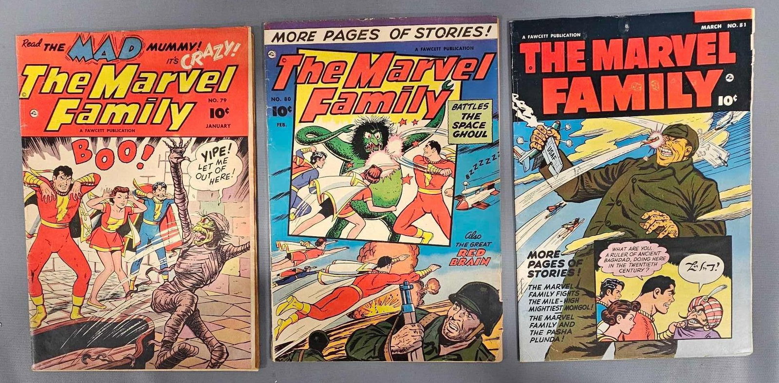 Marvel Family 79 80 81: Marvel Family 79 mid grade, high gloss, edge wear. 80 high gloss, 3/4 inch spine tear on bottom, edge chipping. 81 high gloss, edge chipping as seen in the photos.