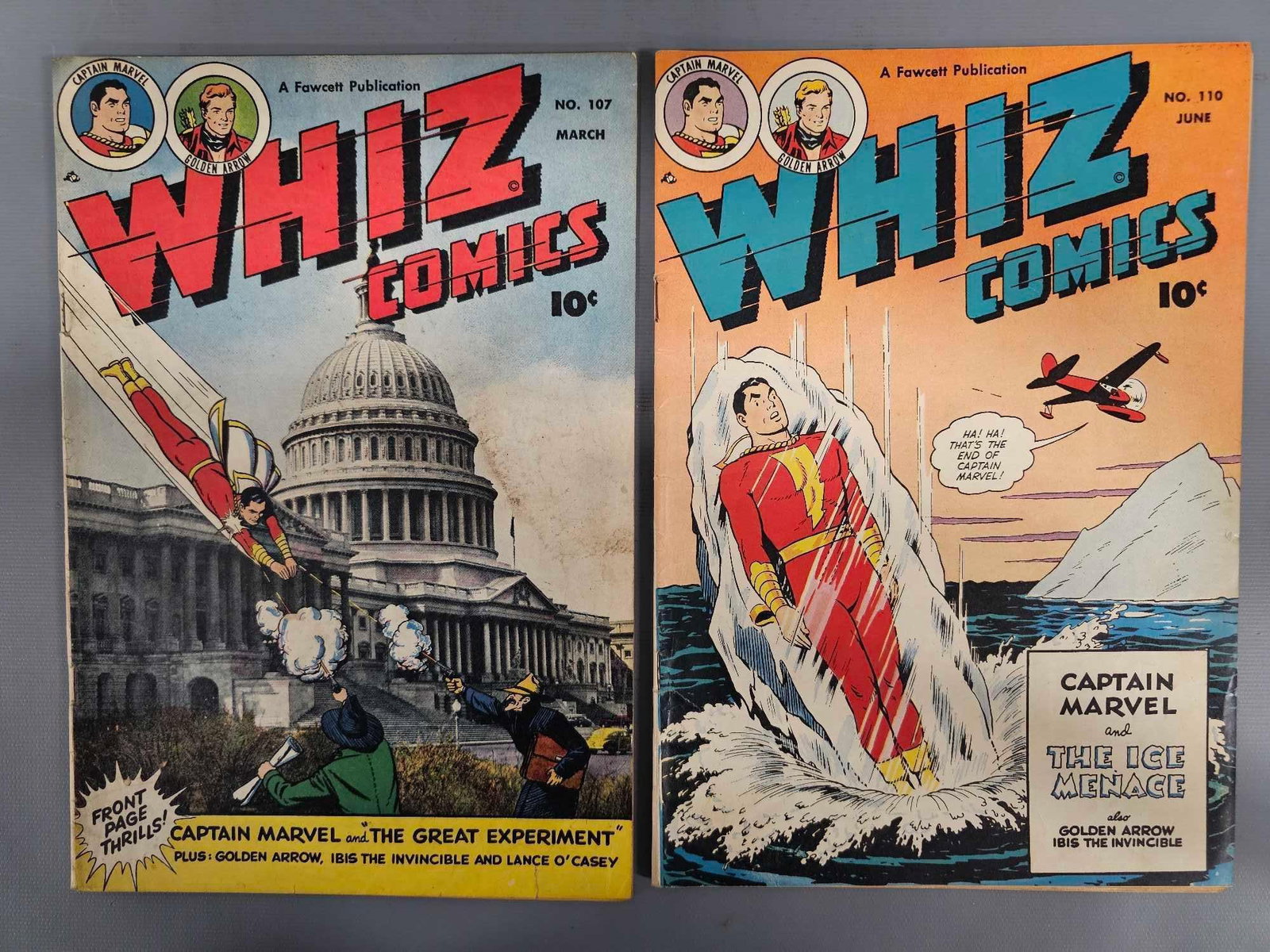 Whiz Comics 107 110: Whiz Comics 107 tear, bottom right cover, back cover soiled, staples tight. 110 bottom staple tear, light edge wear as seen in the photos.