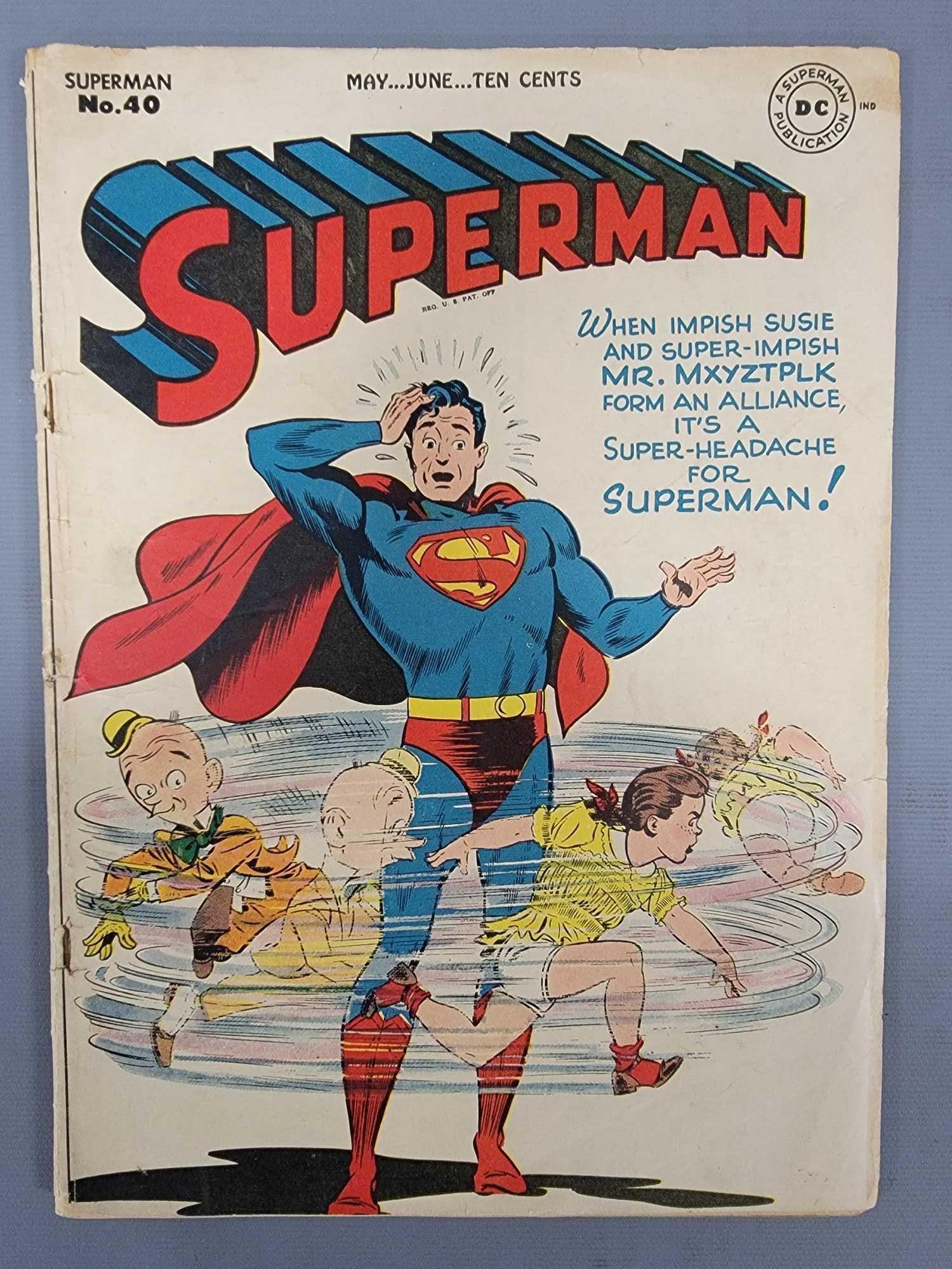 Superman 40: Superman 40 1 inch C188tear bottom spine, chipped top left, edge tears, staple rust as seen in the photos.