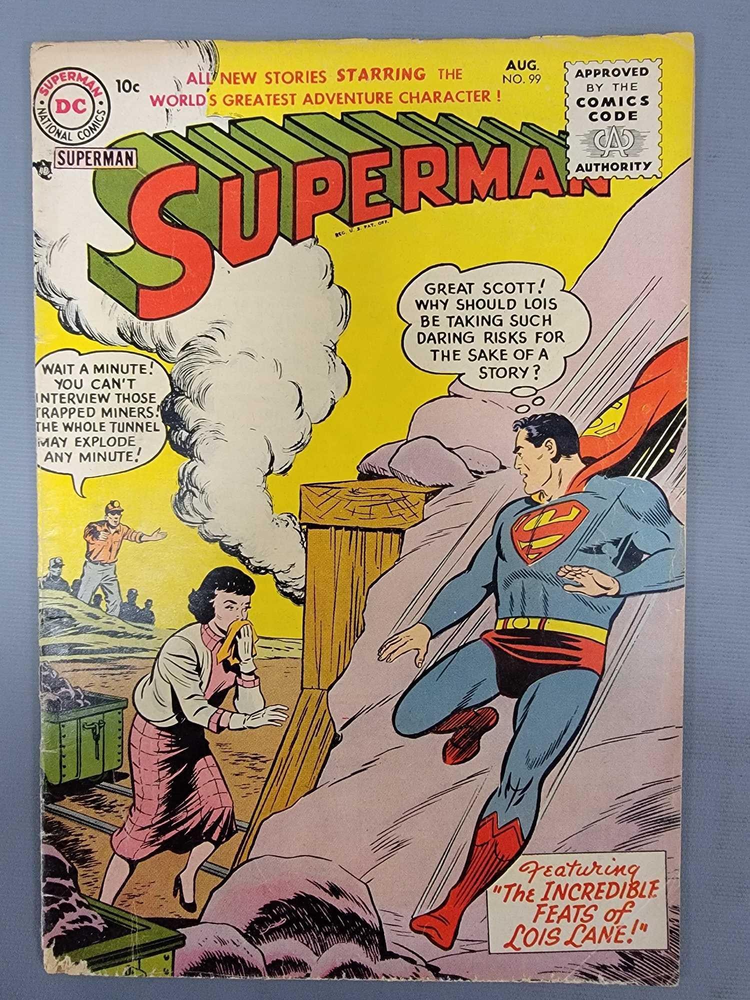 Superman 99: Superman 99 chipped bottom left, 1/4 inch+C236 tear on top spine as seen in the photos.