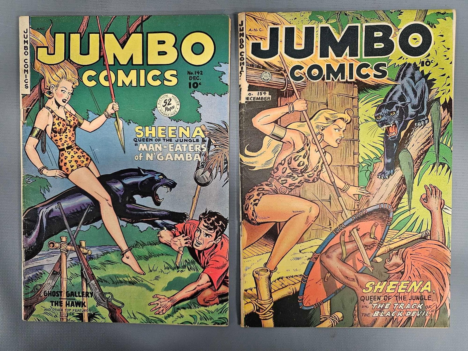 Jumbo Comics 142 154: Jumbo Comics 142 mid grade with staple tears. 154 mid grade with some spine and edge chipping as seen in the photos.