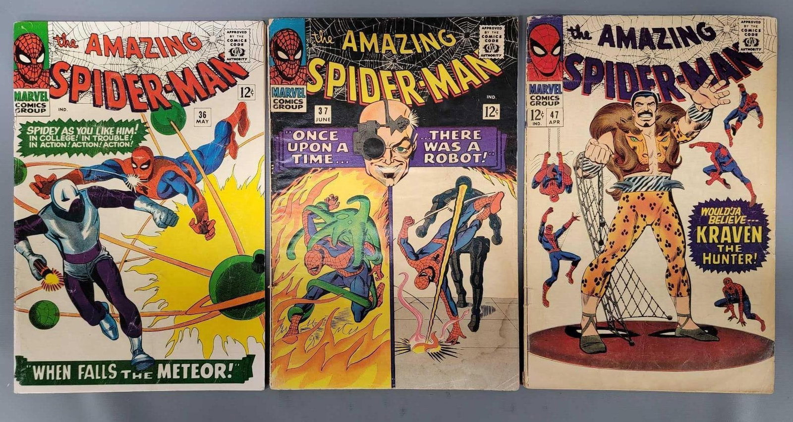 Three Amazing Spiderman Comics 1st Norman Osborn: Three Amazing Spiderman Comics 36 G/VG 1st Looter 37 GOOD 1st Norman Osborn top spine split to staple 47 G plus Kraven cover as seen in the photos