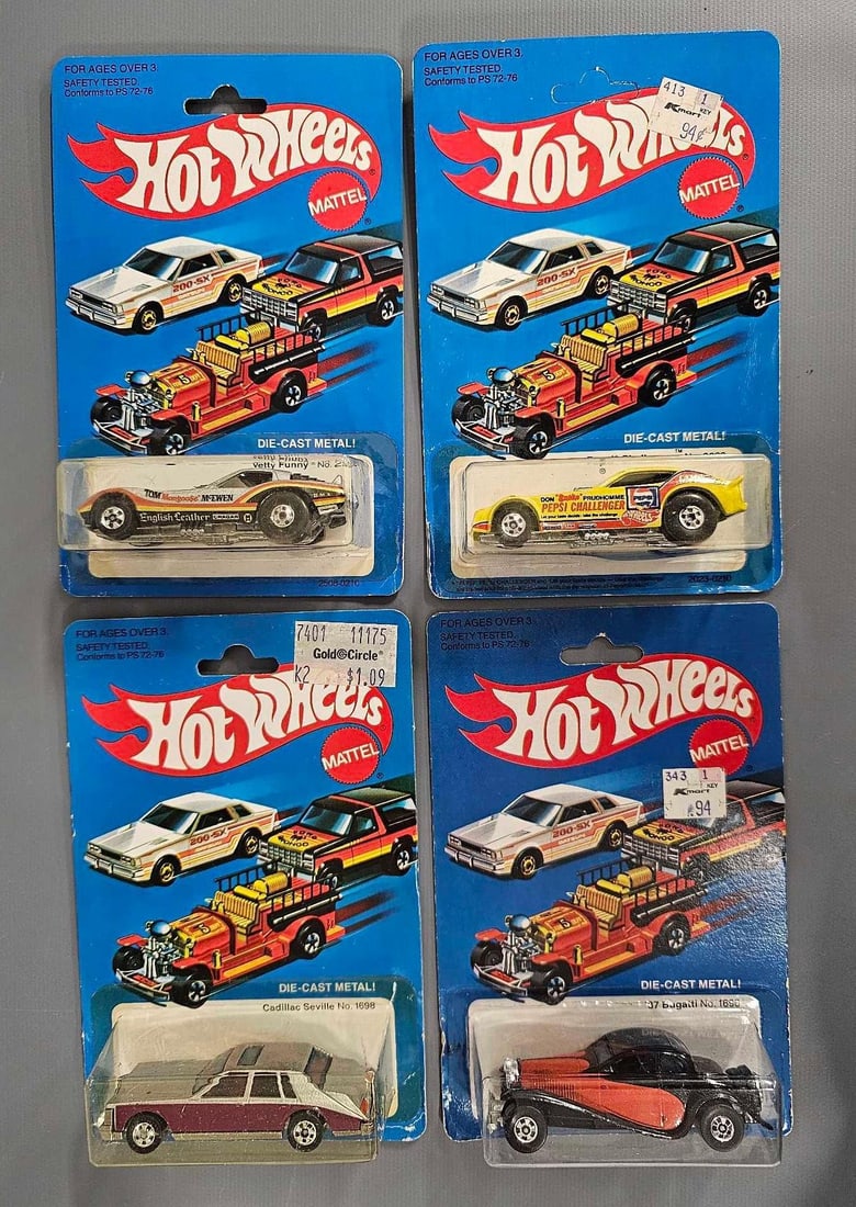 Four Blackwall Hot Wheels on blister cards: Four Blackwall Hot Wheels on blister cards to include stock numbers 2023 Pepsi Challenger, 1698 Cadillac Seville, 2508 Vetty Funny, all Malaysia and 1696 37 Bugatti Hong Kong. Cars are near mint to mi