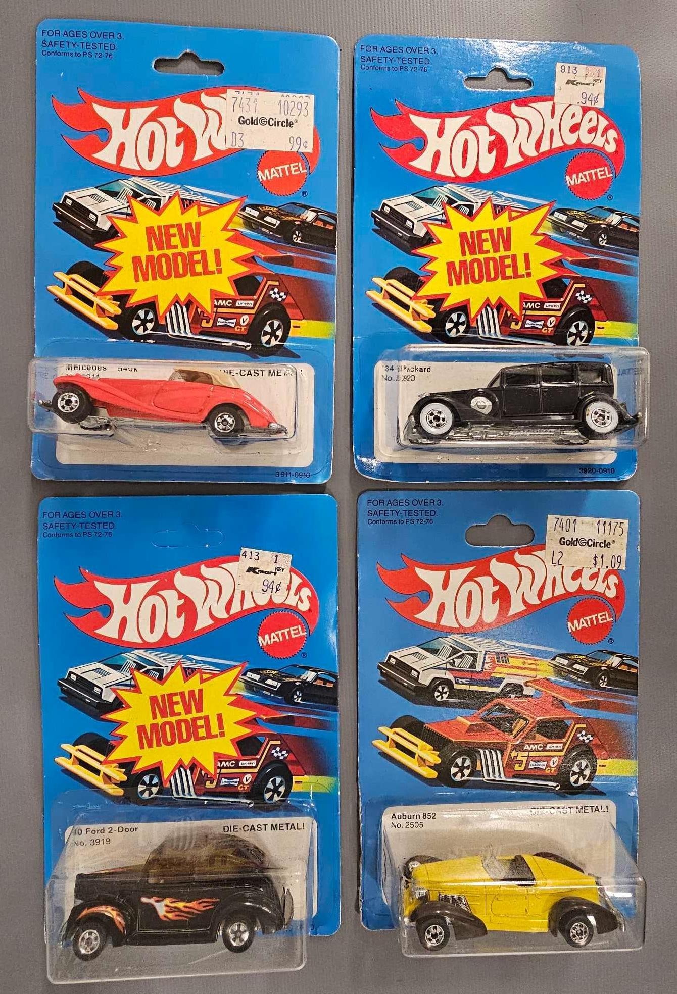 Four Blackwall Hot Wheels on blister cards: Four Blackwall Hot Wheels on blister cards to include stock numbers 3911 Mercedes 540K, 3920 34 Packard, 3919 40 Ford 2 door and 2505 Auburn 852, all four Hong Kong castings. The cars are all near min