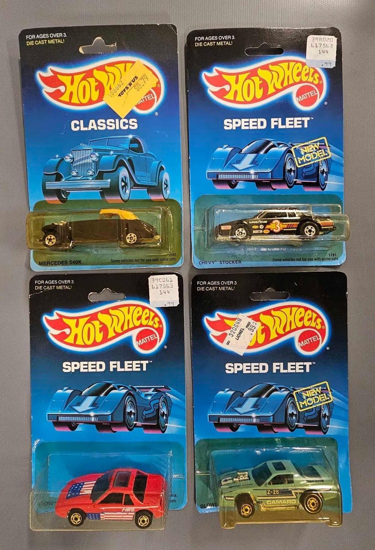 Four blackwall Hot Wheels on blister cards: Four blackwall Hot Wheels on blister cards to include stock numbers 5142 Mercedes 540K, 1791 Chevy Stocker, 1458 Fiero 2M4 and 5138 Blown Camaro, all near mint to mint on very good to excellent cards