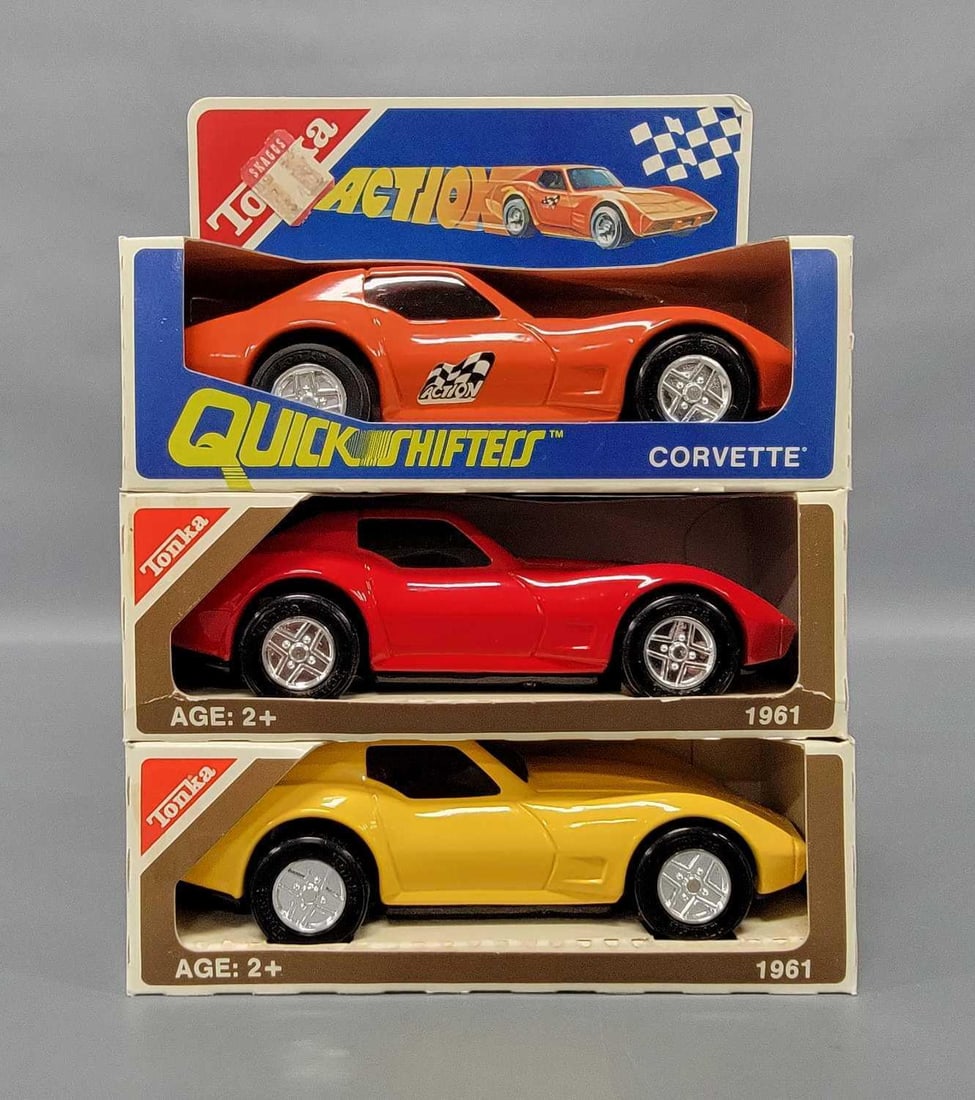Three Tonka pressed steel Corvettes in original boxes: Three Tonka pressed steel Corvettes in original boxes to include two stock number 1961 and one 5956. The 5956 is a Quick Shifters in orange. The other two are stock number 1961, one red and one yellow