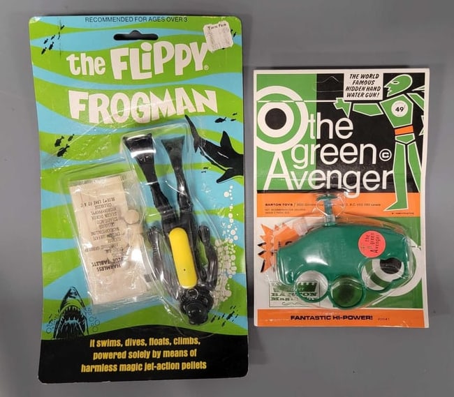 Flipco Products Flippy the Frogman and Barton Green Avenger water gun mint on blister cards: Flipco Products Flippy the Frogman and Barton Green Avenger water gun mint on blister cards. Both are vintage toys from the 1960s or 70s and in mint condition on very good to excellent sealed blister 