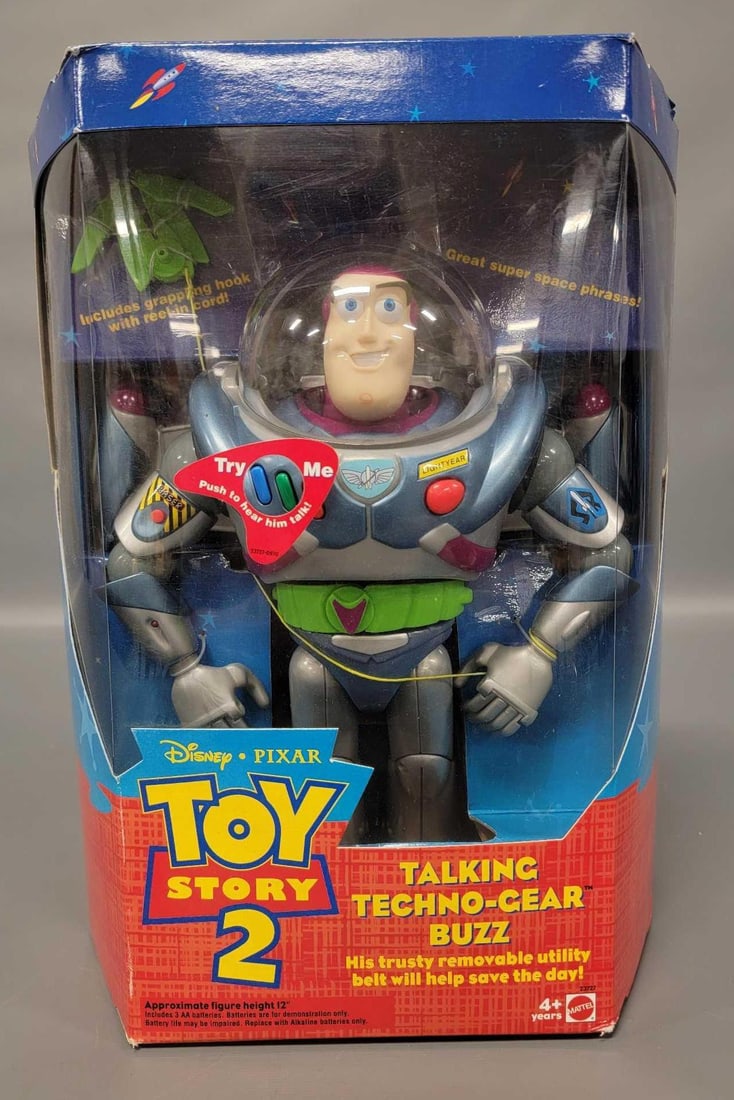 1999 Mattel Toy Story 2 Talking Techno-Gear Buzz Lightyear mint in original box 23727: 1999 Mattel Toy Story 2 Talking Techno-Gear Buzz Lightyear mint in original box, stock number 23727. A mint figure in a factory sealed original box, great for display or for a gift for a child just ac