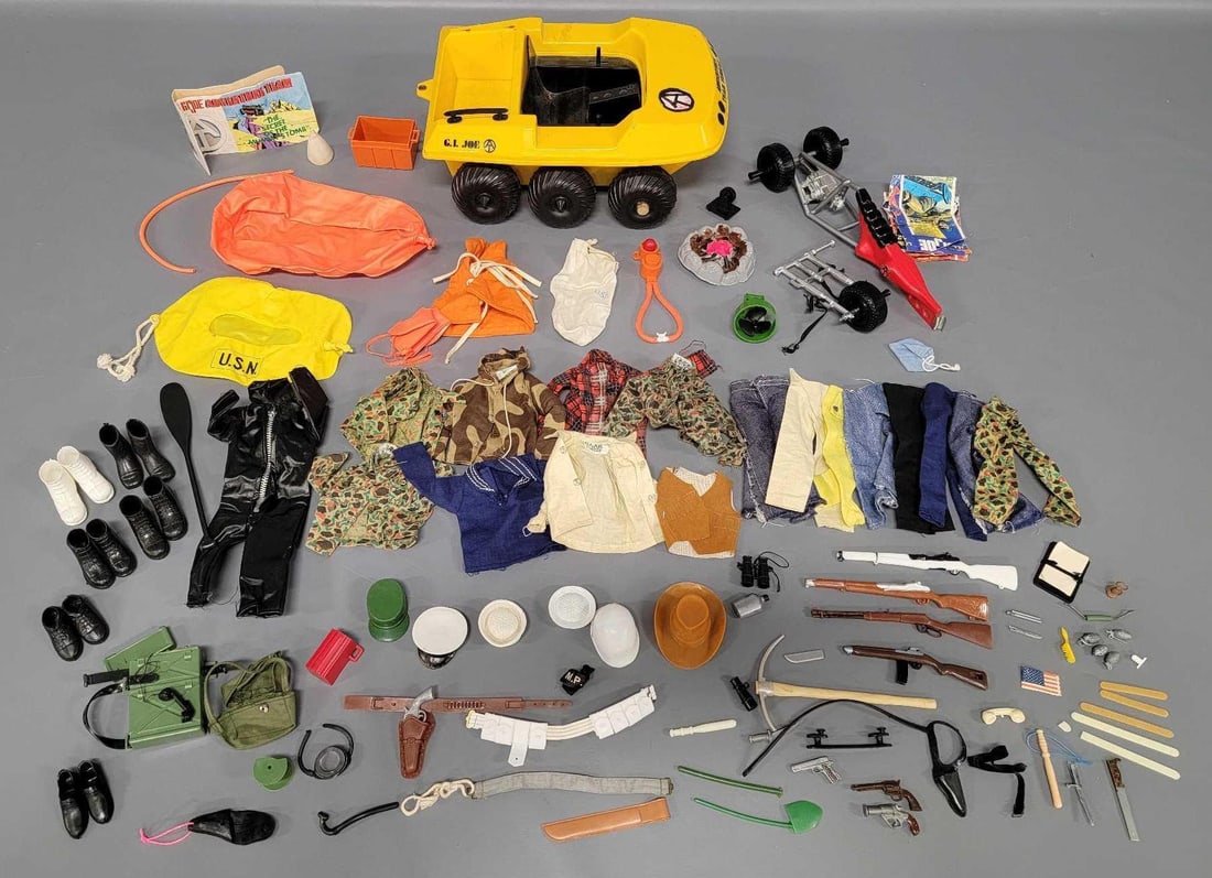 Large group of Hasbro and knockoff GI Joe accessories: Large group of Hasbro and knockoff GI Joe accessories. Some good, some bad, the vehicle has been repaired and has some original and some homemade emblems. Sold as-is as seen in the photos with no retu