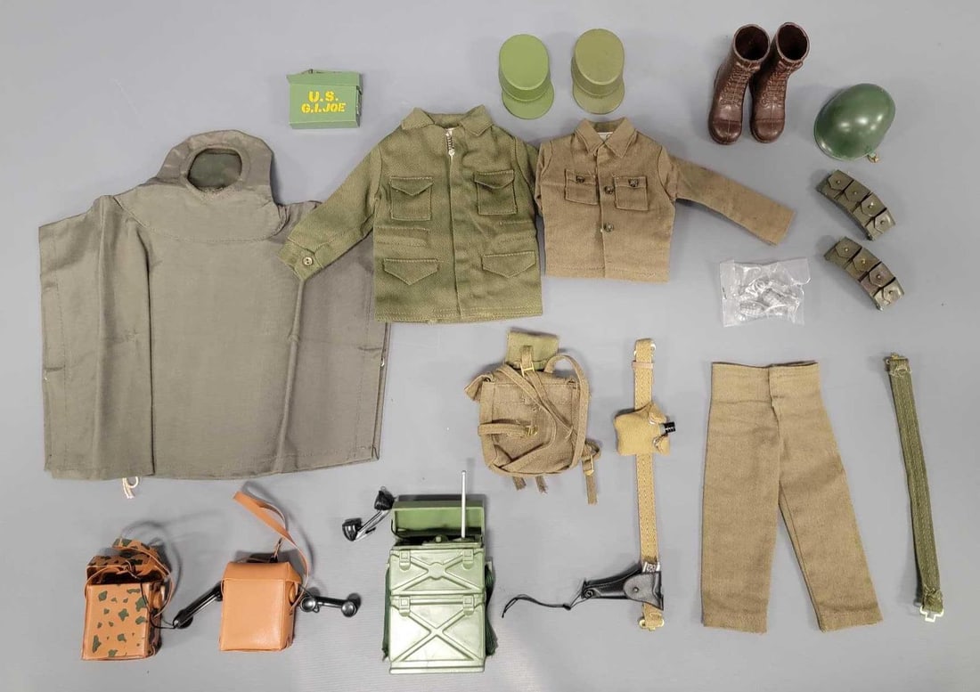 Hasbro GI Joe action soldier outfit and accessories: Hasbro GI Joe action soldier outfit and accessories, lots of great stuff that is damage free and in excellent or better condition.