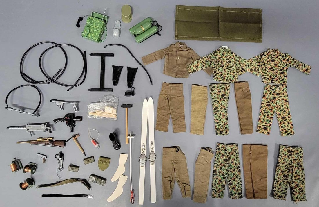 Great group of original Hasbro GI Joe clothes and accessories with NO DAMAGE: Great group of original Hasbro GI Joe clothes and accessories with NO DAMAGE. The one thing that is suspect is a black belt with a chrome buckle that has an eagle in the circle with a swastika underne