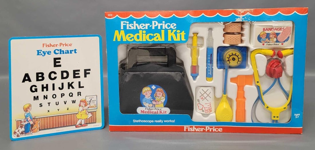 1987 Fisher Price Medical Kit in original box 2010: 1988 Fisher Price Medical Kit in original box, stock number 2010. Complete and in like new condition with a perfect eye chart. The inserts is in excellent condition with no cracks. The original box ha