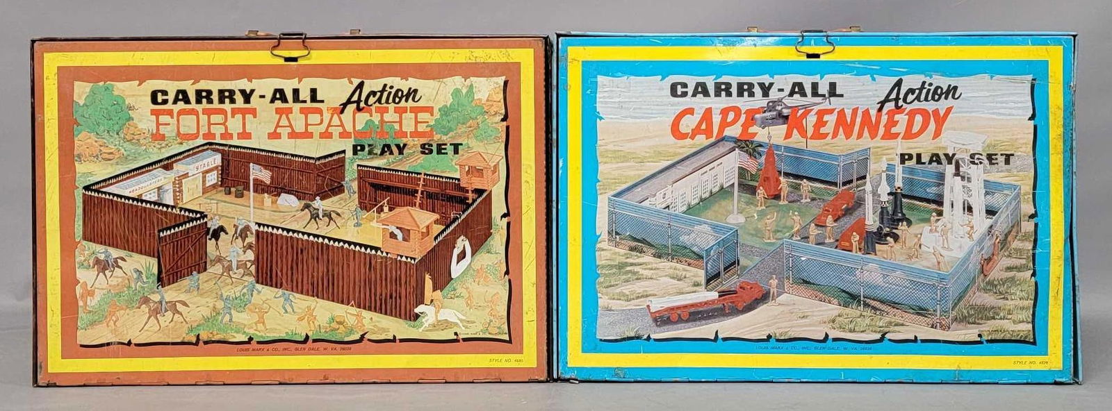 Marx Fort Apache and Cape Kennedy carry all playsets: Marx Fort Apache and Cape Kennedy carry all playsets. Includes two carry-all cases in good to very good condition with numerous cavalrymen, native Americans, five horses, plastic accessories, two bloc