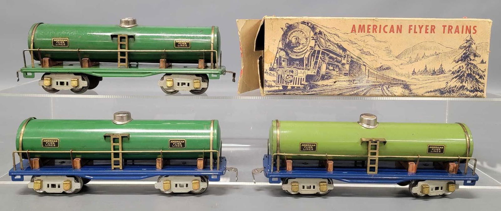 Three different American Flyer prewar O 3210 tank cars with one original box (1 of 6)