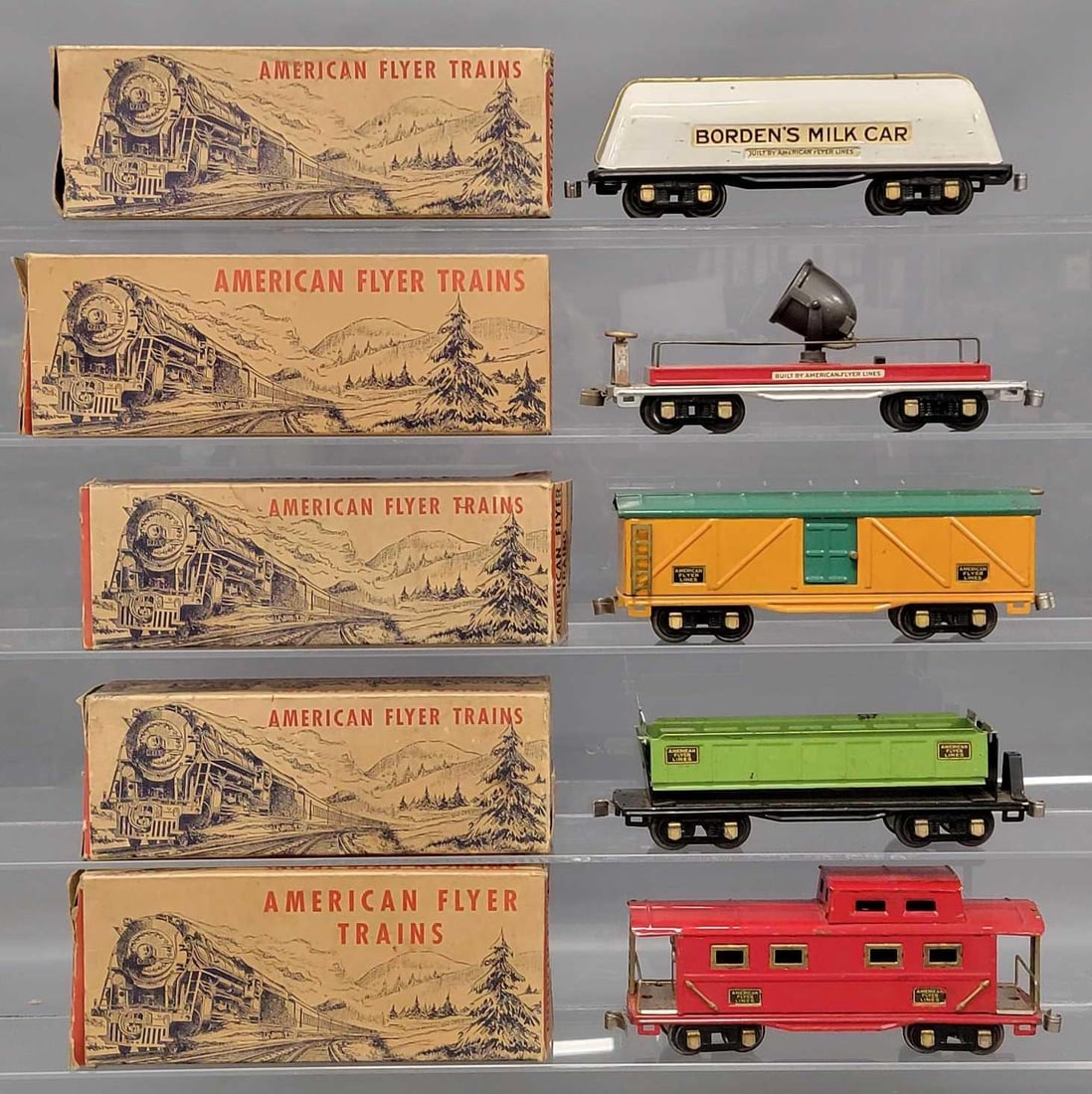 Five American Flyer prewar O freight cars in original boxes (1 of 8)