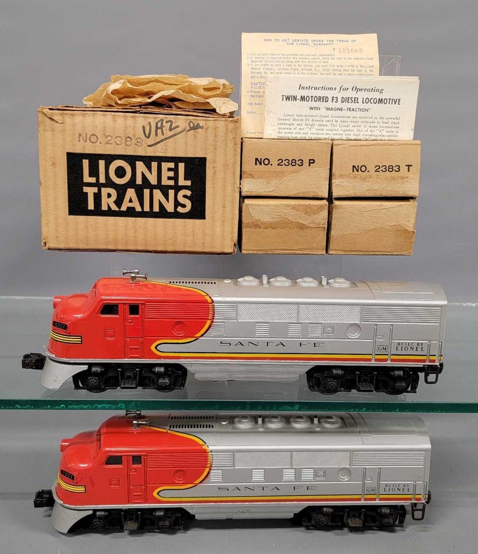Postwar Lionel FULL OVAL 2383 Santa Fe F3 diesel locomotive units in master carton (1 of 16)