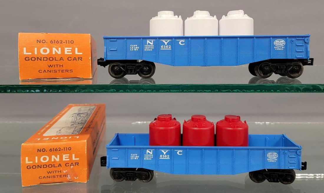 Two unrun Lionel postwar O 6162 New York Central gondola cars with canisters in OBs (1 of 7)