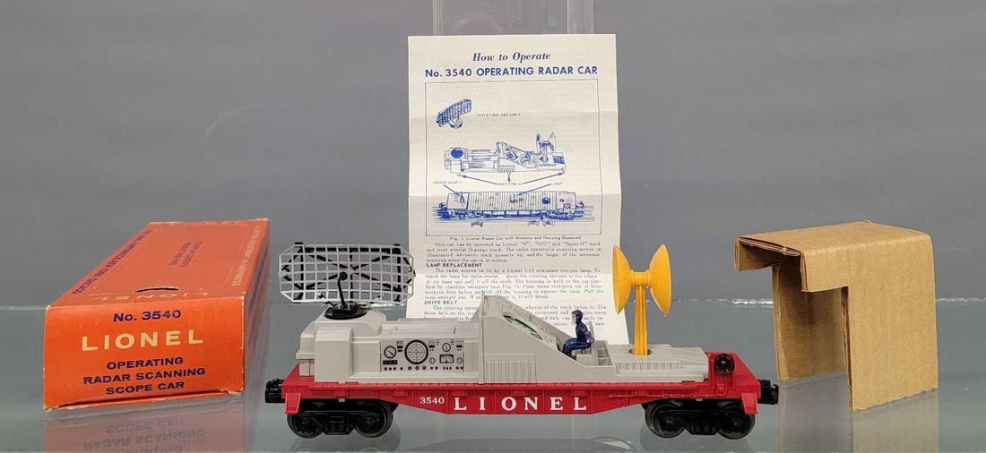 Lionel postwar 3540 operating radar scanning scope car in original box with original insert: Lionel postwar 3540 operating radar scanning scope car in original box with original insert. Here is one you don't see all complete very often. The car shows light run time and the drive band has disi