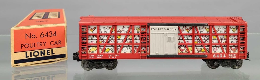 Lionel postwar O 6434 poultry car in brick original box: Lionel postwar O 6434 poultry car in brick original box. Car shows light run time and is C7-8 in a very nice original box.