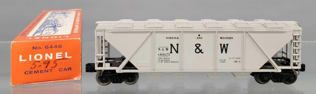 Unrun Lionel postwar 6446 Norfolk & Western cement car in original box tough late example: Unrun Lionel postwar 6446 Norfolk and Western cement car in original box, Car is C9-10 in a nice original box with one repaired inner end flap, it is complete, solid and square.