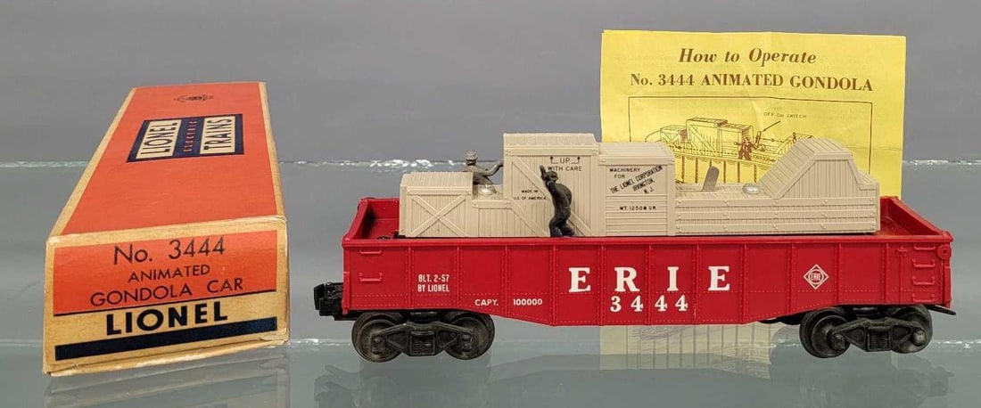Lionel postwar 3444 animated gondola car in original box: Lionel postwar 3444 animated gondola car in original box. Car shows light run time and is C7 in an excellent original box with original instruction sheet.
