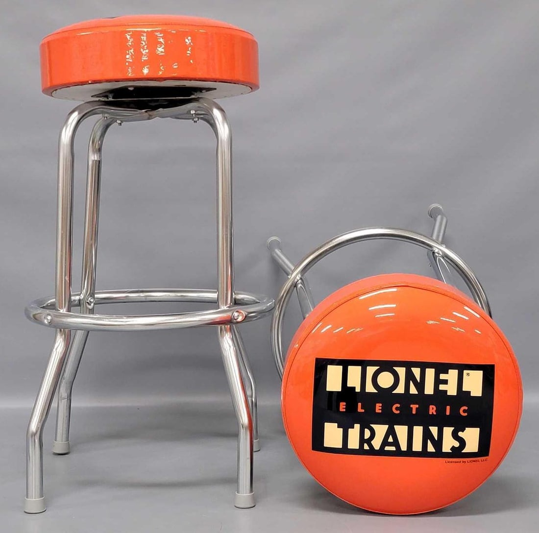 Two Lionel Trains bar stools: Two Lionel Trains bar stools, both are in excellent condition with minor wear. These could be disassembled and shipped in a 28 x 20 x 12 box that would weigh around 33 lbs or we make trips all over th
