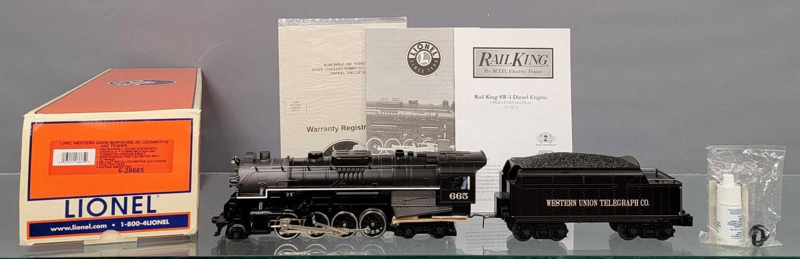 Lionel modern O 28655 LRRC Western Union Berkshire steam locomotive and tender in OB: Lionel modern O 28655 LRRC Western Union Berkshire steam locomotive and tender in original box. Both units appear unrun or possibly have a single lap test run, C9-10 in an excellent original box with 