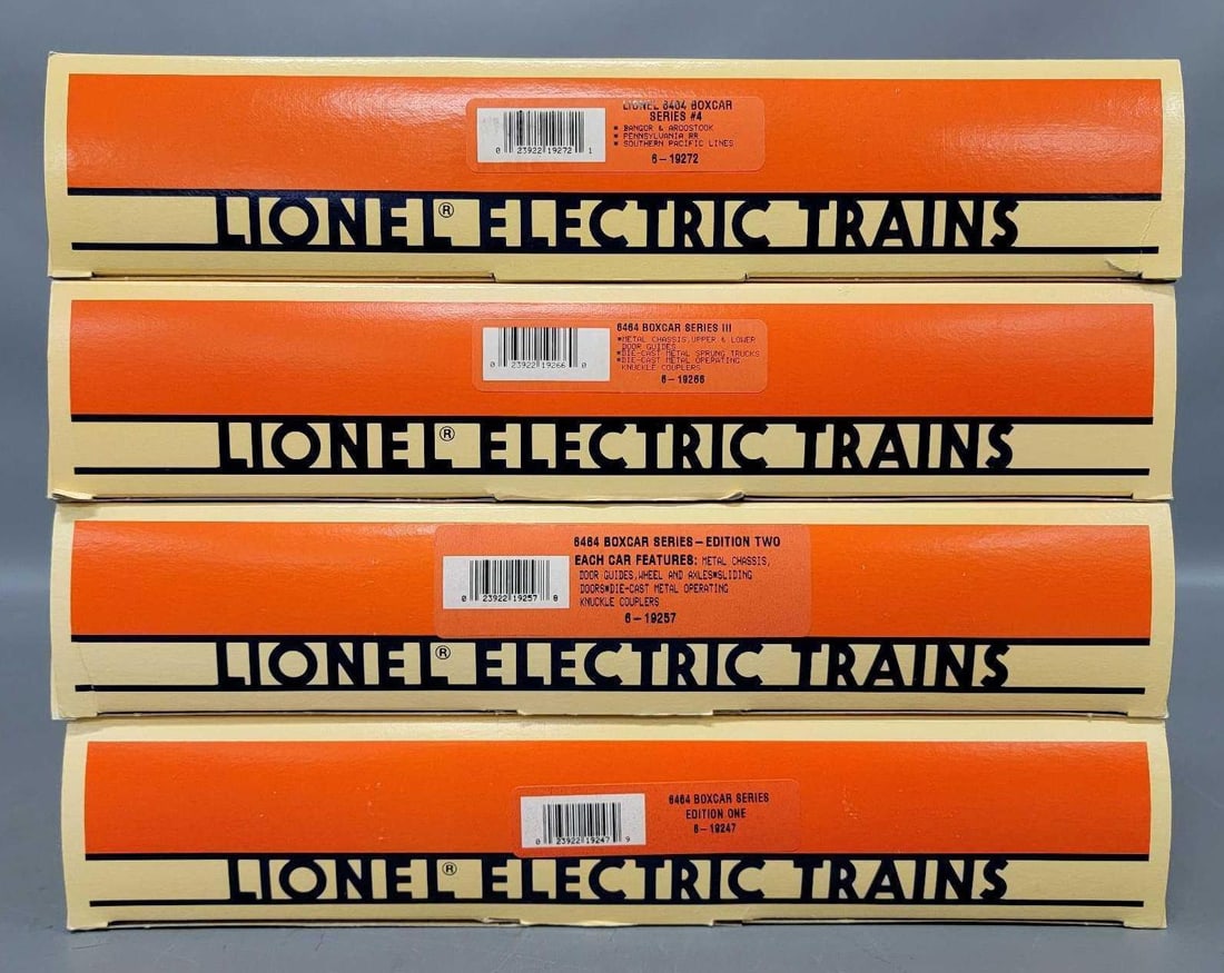 Lionel modern O 6464 box car series 1 2 3 and 4: Lionel modern O 6464 box car series I, II, III and IV, stock numbers 19247, 19257, 19266 and 19272, C8-10 in excellent to near mint original boxes.