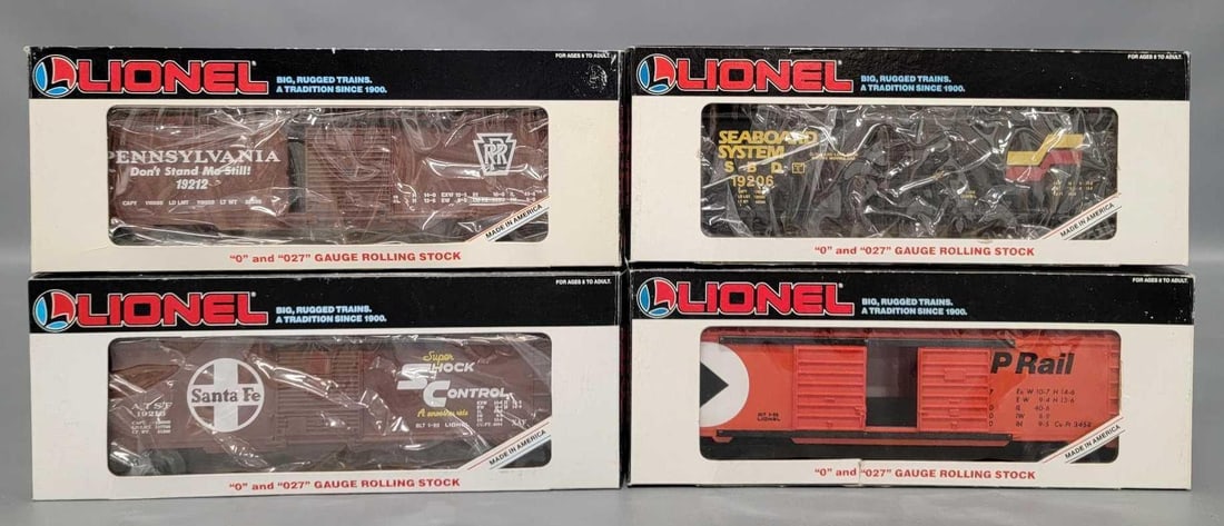 Four Lionel modern O box cars in original boxes: Four Lionel modern O box cars in original boxes to include 19212 Pennsylvania, 19216 Santa Fe, 19206 Seaboard and 19207 CP Rail double-door box car, C8-9 in very good original boxes.