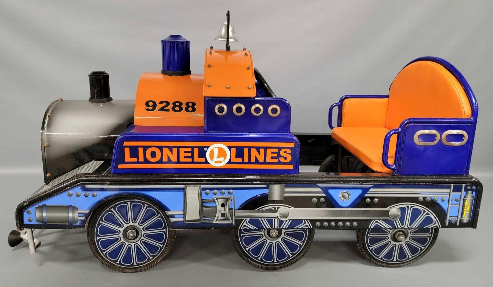 Lionel Lines pedal car locomotive 9288: Lionel Lines pedal car locomotive 9288, has been displayed and does have some oxidation on some of the detail parts but is otherwise very displayable. Measures 45 long x 17 1/2 wide x 24 1/2 inches ta