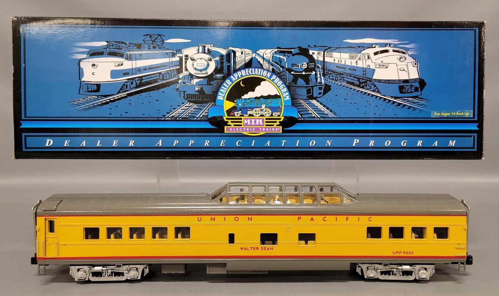 MTH Premier Dealer Appreciation Union Pacific streamlined passenger car in original box: MTH Premier Dealer Appreciation Union Pacific streamlined Walter Dean vista dome passenger car in original box, stock number 20-67147, car shows light run time and is C8-9 in an excellent original box