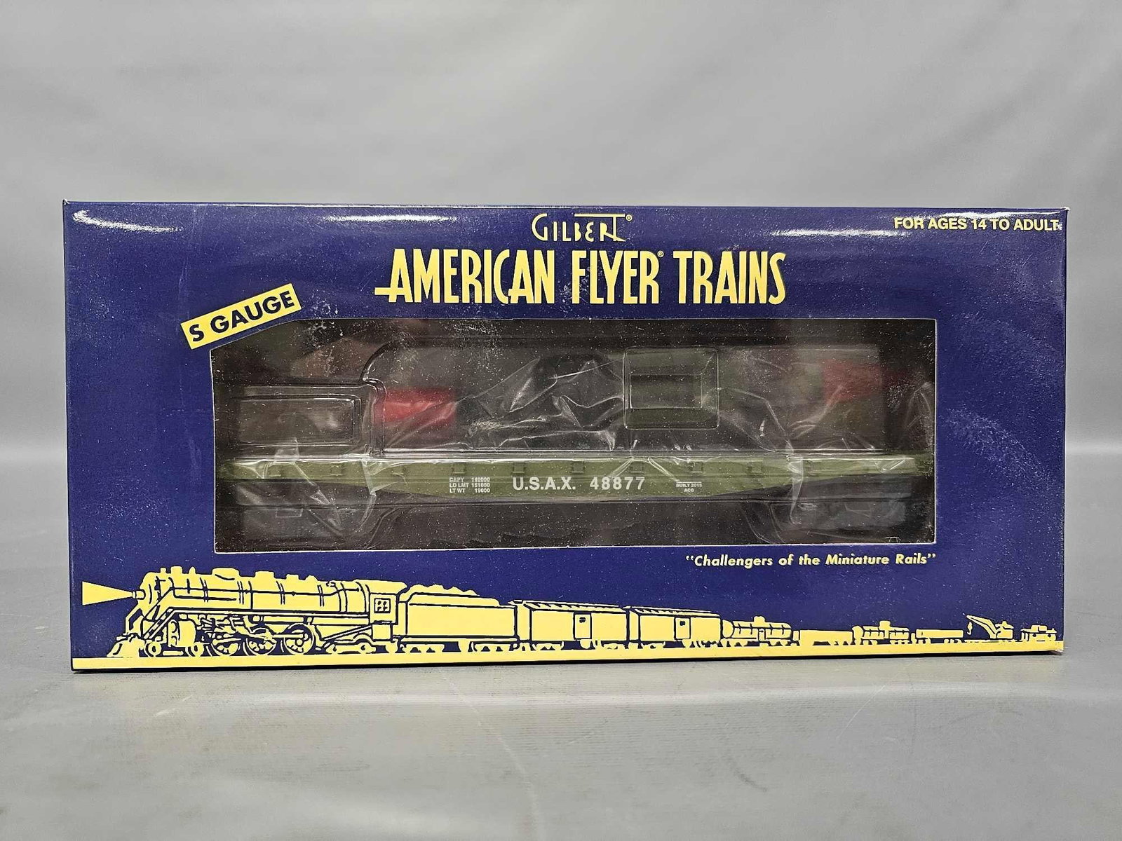 Mint LTI American Flyer S gauge 48877 US Army flat car with rocket in original box: Mint LTI American Flyer S gauge 48877 US Army flat car with rocket in original box, C10 in a near mint original box.