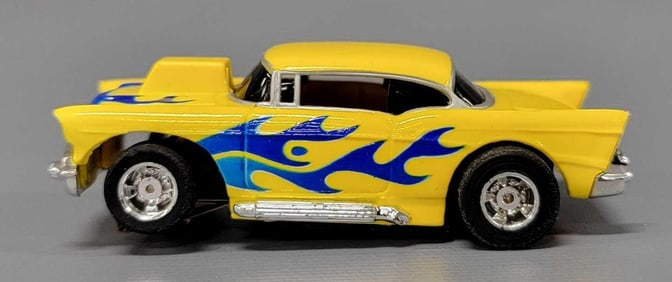 Tyco HO Yellow with Blue Flames 57 Chevy Slot Car