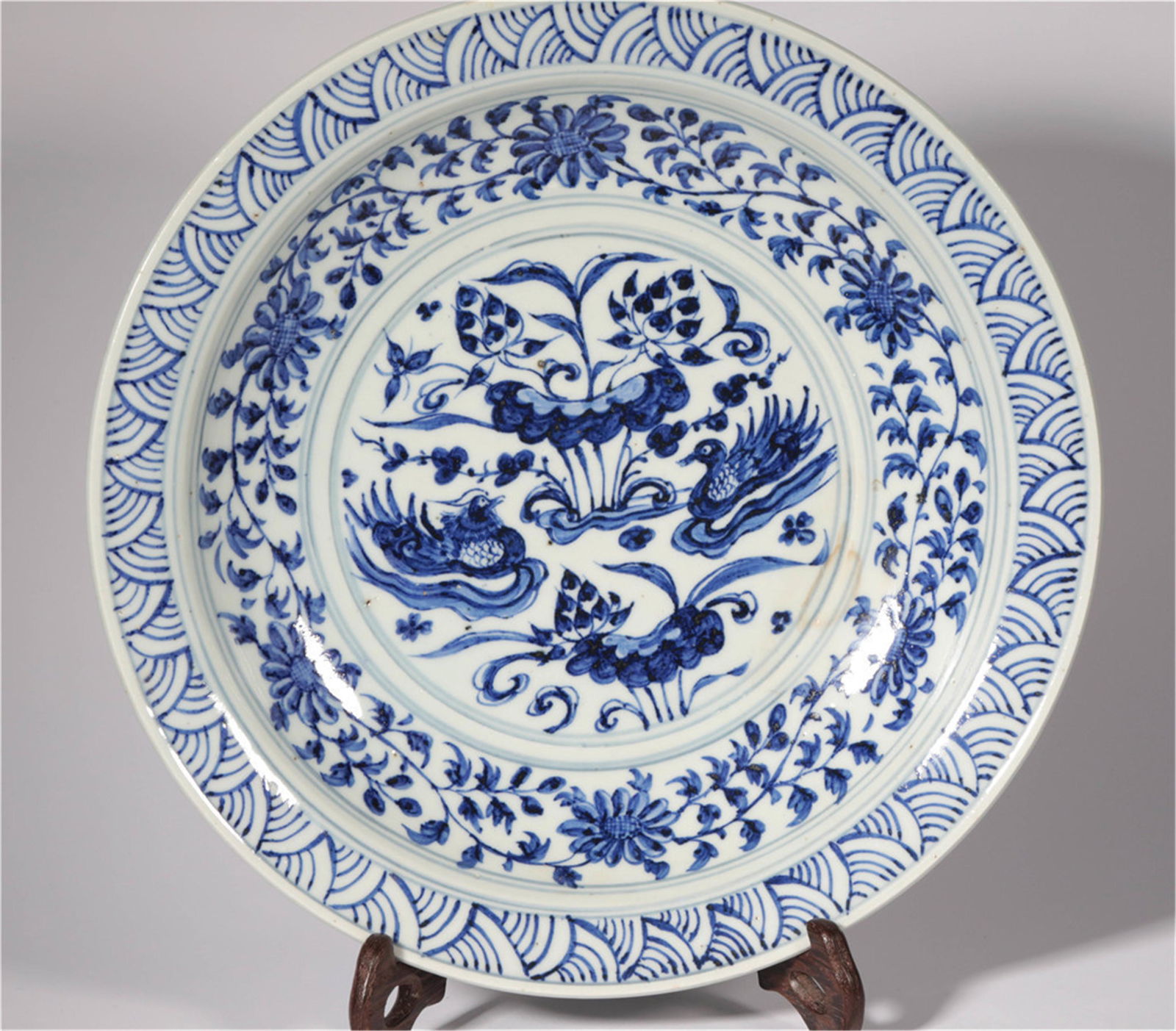 A Blue and White Lotus Pond Dish of Yuan Dynasty (1 of 6)