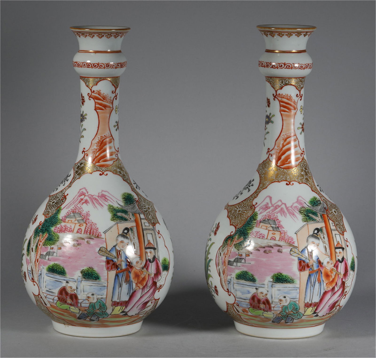 Pair Famille Rose Gilt Garlic Head Vases of Qing (1 of 8)