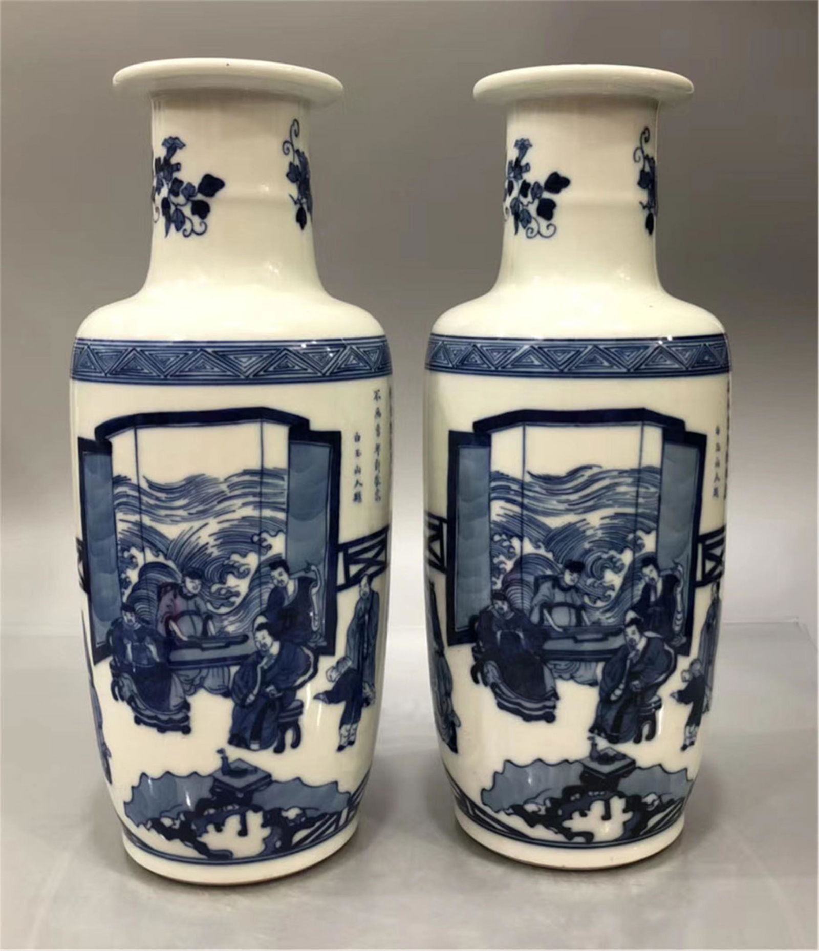 Pair Blue and White Figures Vases of Qing Dynasty (1 of 7)
