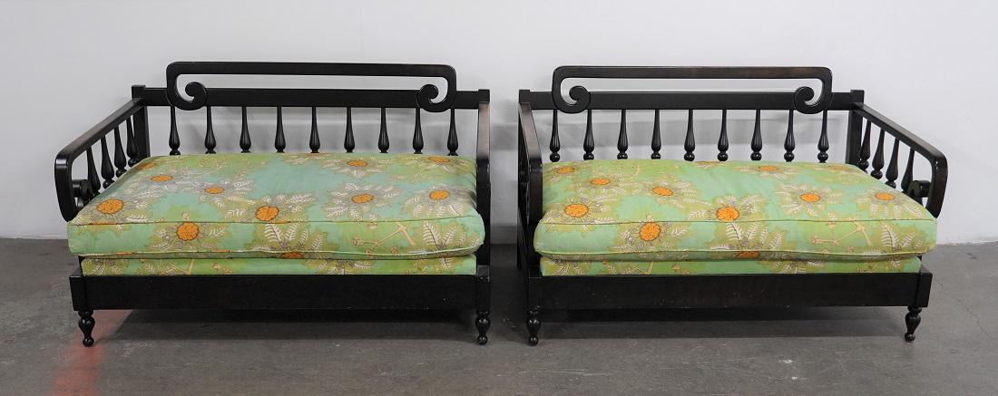 2 Wood Daybeds w Colorful Upholstery by Sasha Emerson: Designer/Artist/Manufacturer: Sasha Emerson Materials:Wood and Upholstery Additional Information: This is a pair of matching carved wood daybeds with beautiful custom upholstery. Perfect pair to add a