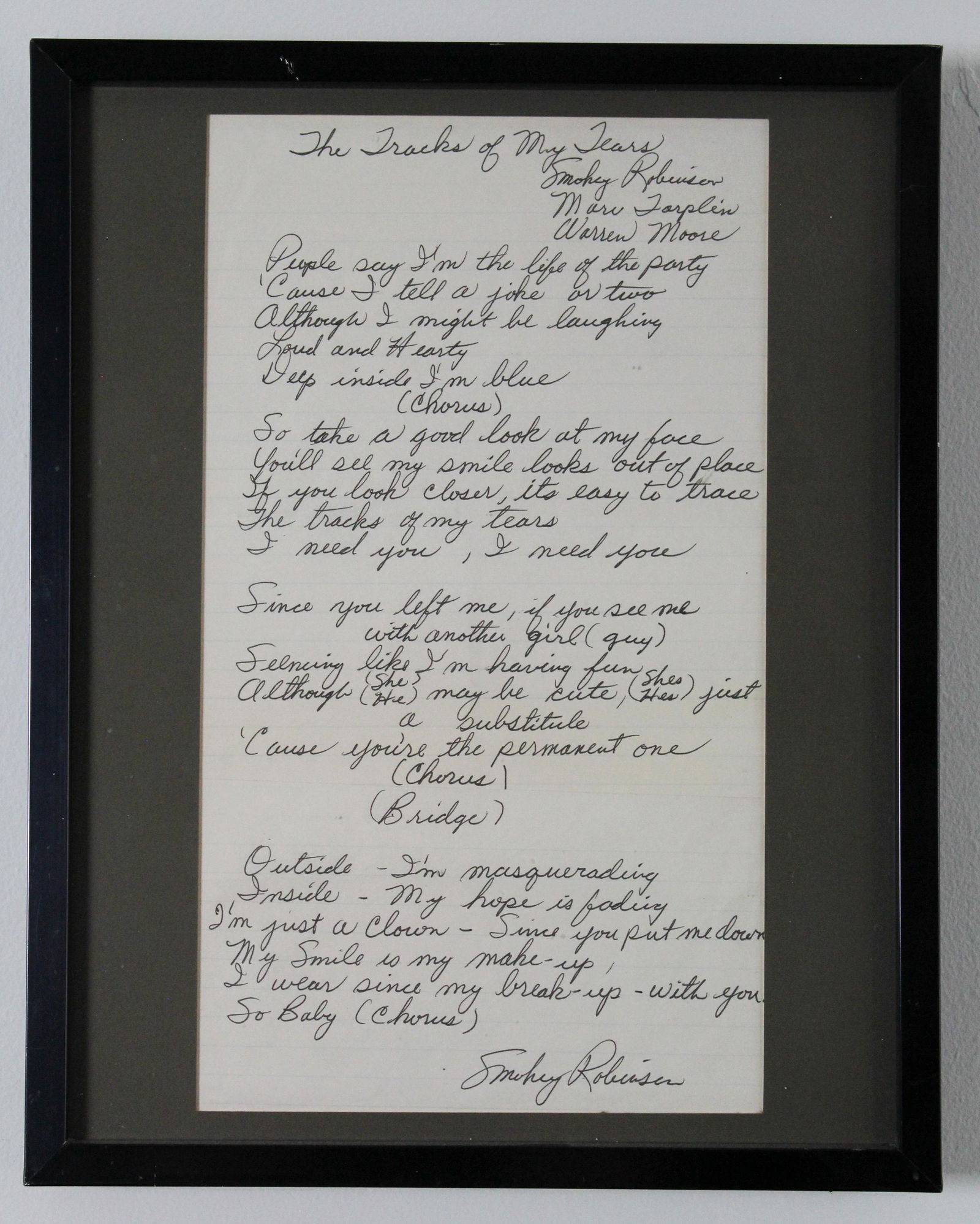 Smokey Robsinson Handwritten Lyrics - The Tracks of My Tears - Framed (1 of 5)