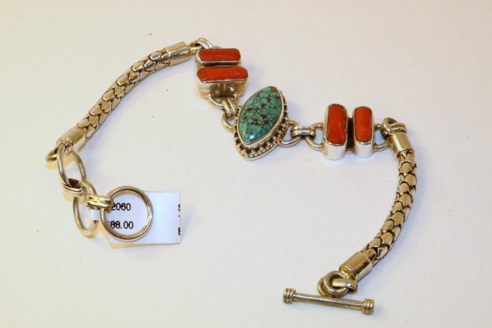 Sterling Silver Turquoise and Carnelian Bracelet: Bracelet"