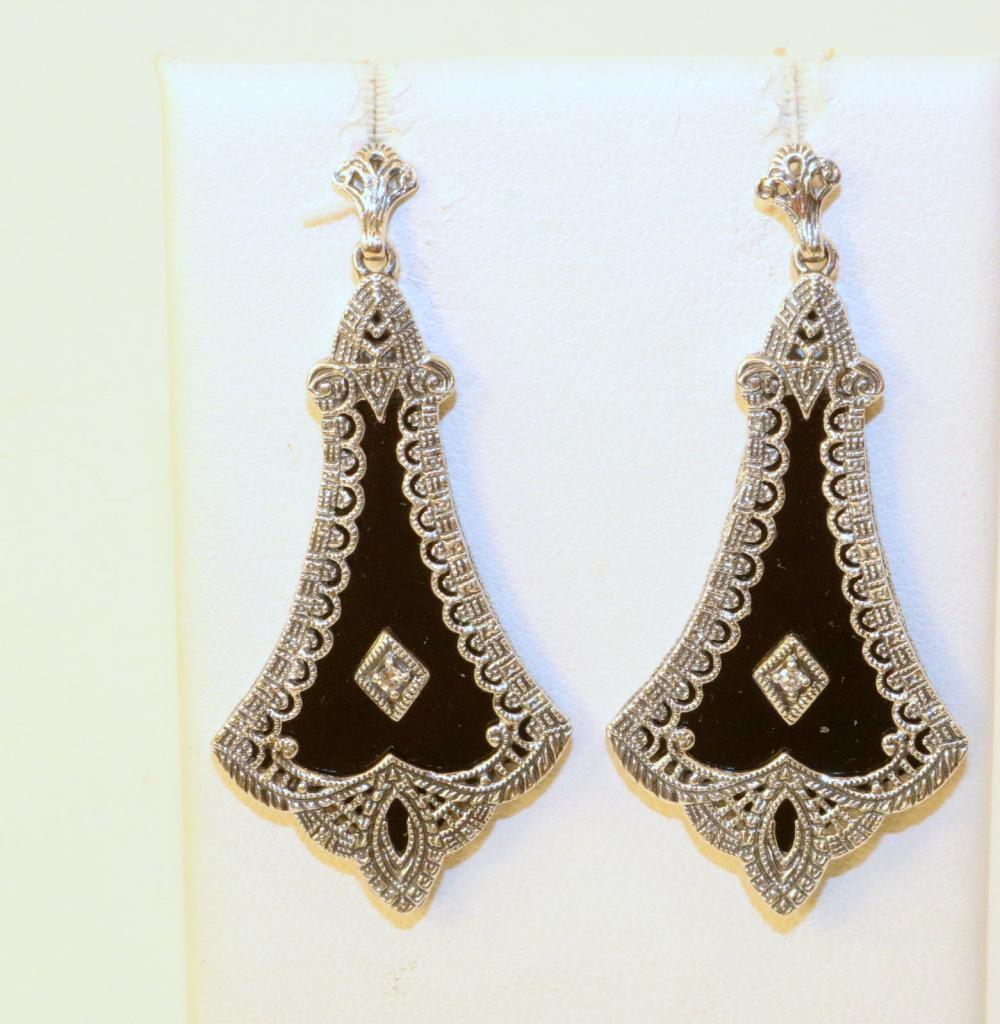 Sterling Silver Onyx and Diamond Filligree Drop (1 of 1)